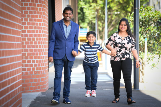 Exciting time: Arjun Kumar Singh, wife Anindya Singh and son Akshaz will log on to an online Australian citizenship ceremony on Friday. 
