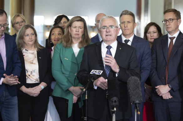 Member for Clark, Andrew Wilkie, addresses the media during a joint press conference with the Bring Julian Assange Home Parliamentary Group.