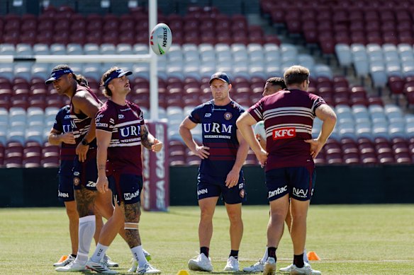 Sea Eagles players are put through their paces in Foran’s first session.