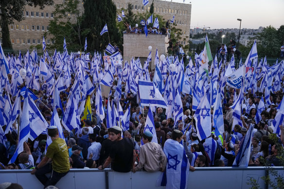 Right-wing Israelis rally outside parliament in Jerusalem on Thursday in support of plans to overhaul the judicial system.