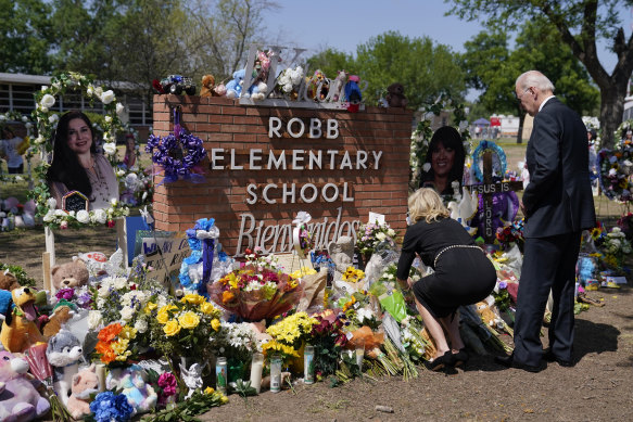 US President Joe Biden and first lady Jill Biden visit Robb Elementary School on Sunday to pay their respects to the victims of a mass shooting that claimed 21 lives.