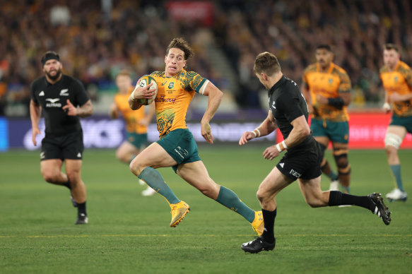 Mark Nawaqanitawase runs with the ball at the MCG, in a defeat to the All Blacks on July 29.