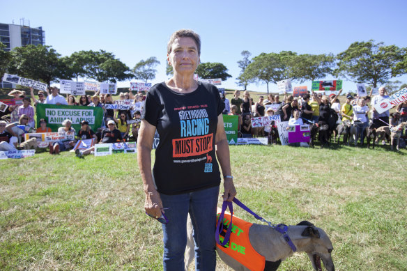 Lorraine Ramsay with rescue greyhound Sandy at the Anti-Greyhound Racing Rally at Sydney Park, St Peters on April 14, 2018.