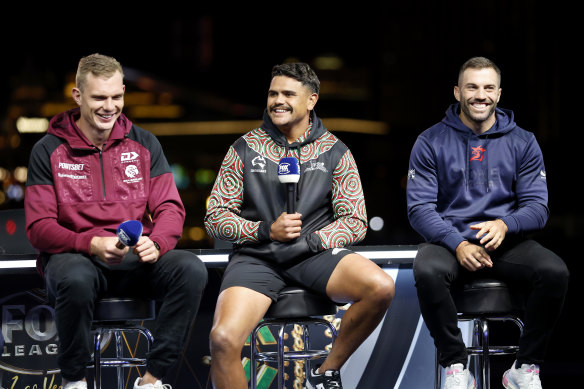 Tom Trbojevic, Latrell Mitchell and James Tedesco in Las Vegas.