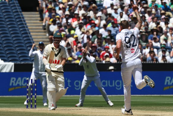 Travis Head is bowled by Brydon Carse.