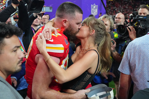 Kelce and Swift kiss after the Kansas City Chiefs defeated San Francisco 49ers in the Super Bowl earlier this month.