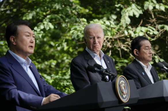 South Korean President Yoon Suk Yeol (left), US President Joe Biden and Japanese Prime Minister Fumio Kishida on Friday.
