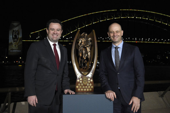 Todd Greenberg, right, with NSW tourism minister Stuart Ayres at the grand final week launch on Monday night.