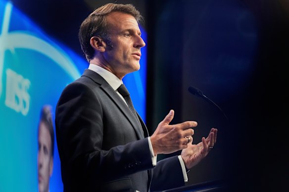French President Emmanuel Macron delivers his speech on Friday.