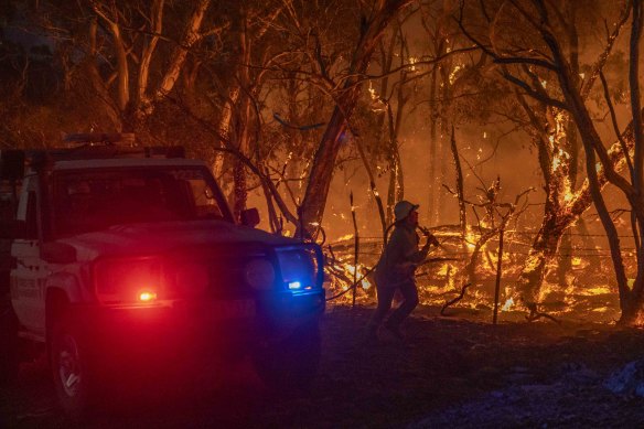 The Bayindeen-Rocky Road fire buring in bushland yesterday.