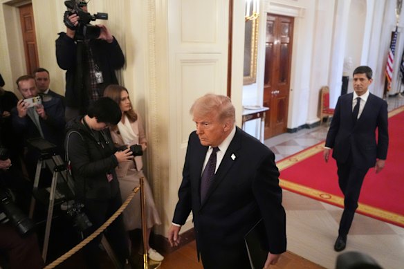 President Donald Trump arrives at a swearing-in ceremony for Kevin Warsh at the White House on Friday.