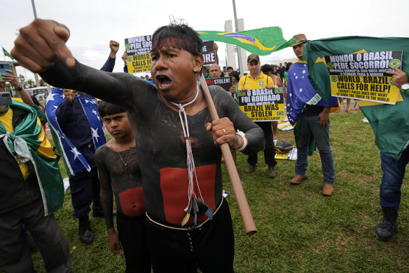 Indigenous Chief Tserere Xavante attends a protest by supporters of outgoing President Jair Bolsonaro against his re-election loss in Brasilia last month.