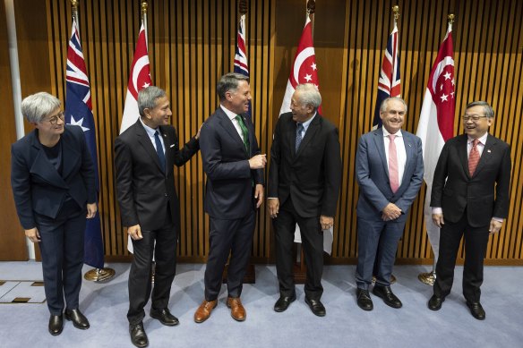 In Canberra (from left): Foreign Affairs Minister Penny Wong and her Singaporean counterpart Vivian Balakrishnan, Defence Minister Richard Marles and Singapore’s Defence Minister Ng Eng Hen, and the countries’ trade ministers, Don Farrell and Gan Kim Yong.