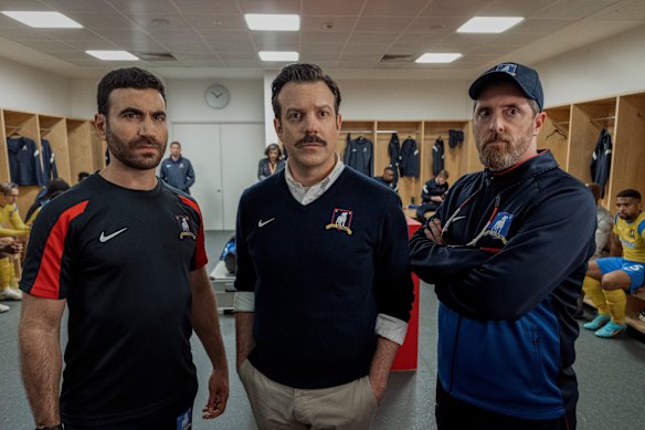 Ted Lasso stars Brett Goldstein, Jason Sudeikis and Brendan Hunt.