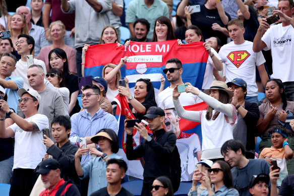 Djokovic fans at Rod Laver Arena on Sunday.