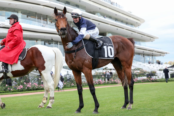 Jockey Alana Kelly returns to the mounting yard with Point Nepean after winning the Lexus Andrew Ramsden. 