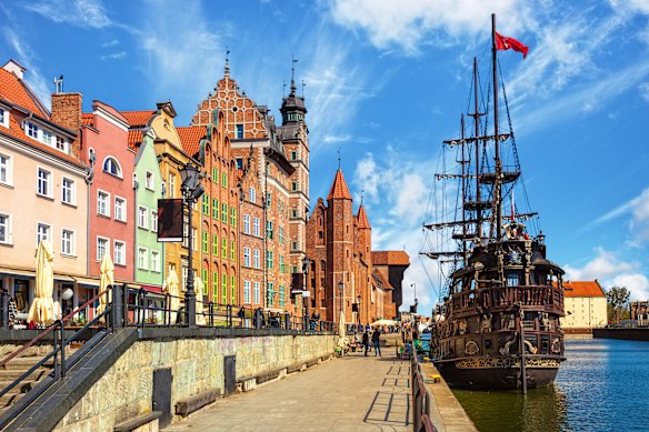 The Motlawa River and old town in Gdansk, Poland.