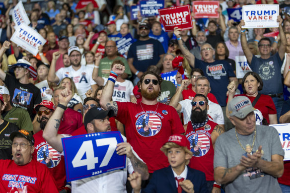 Male voters among the supporters at former president Donald Trump’s rally in Wilkes-Barre, Pennsylvania, this month.