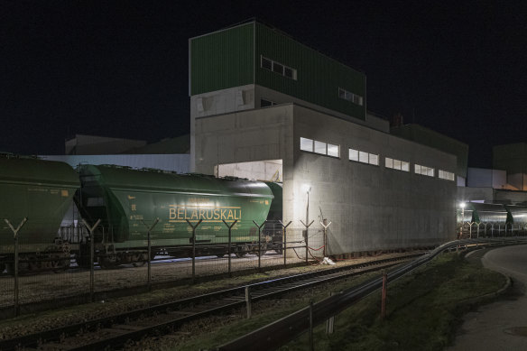 A freight train transporting potash from Belarus at Klaipeda Port in Lithuania.