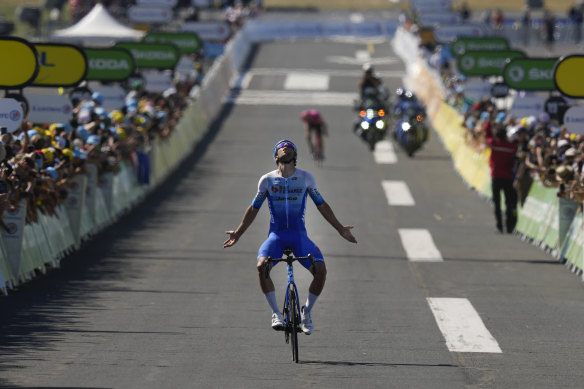 Michael Matthews celebrates after winning stage 14 of the Tour de France in July. 