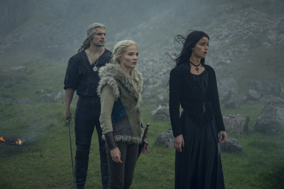 Henry Cavill, Freya Allan and Anya Chalotra in The Witcher.