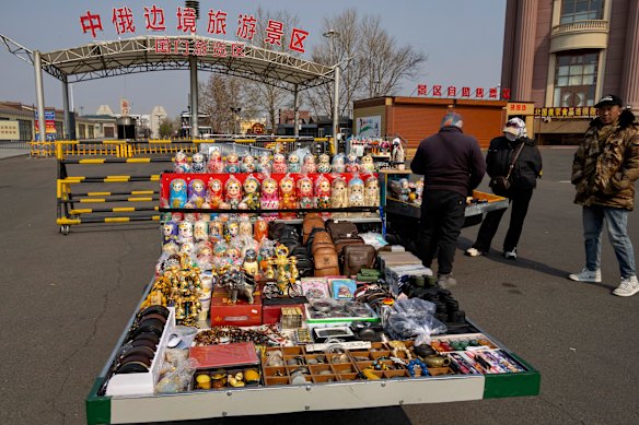 Souvenir vendors at the China-Russia border tourist area in Manzhouli.