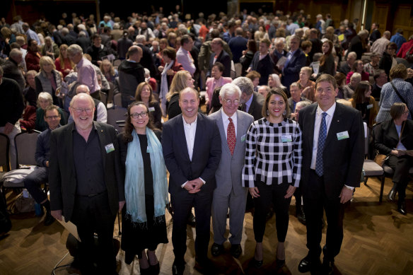 Treasurer Josh Frydenberg and Greens candidate Julian Burnside at the Kooyong Candidate Forum in 2019. 