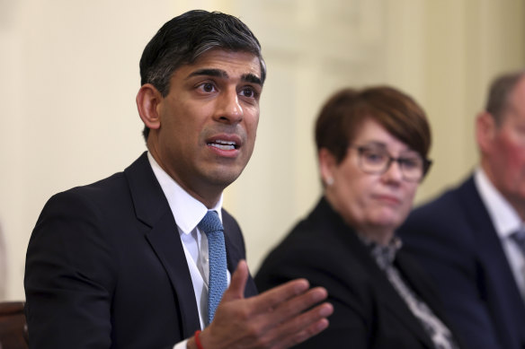 Britain’s Prime Minister Rishi Sunak speaks with business leaders.