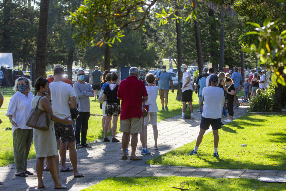 Sydneysiders line up for COVID-19 testing in Avalon on the Northern Beaches on Friday.