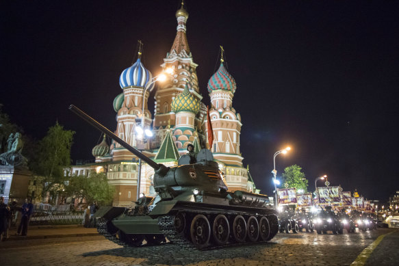 A World War II-era T-34 Soviet tank rehearses for a Victory Day military parade. Russian patriotism and nationalism is a powerful brew.