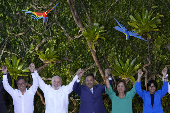 Leaders of South American nations pose for a group photo during the Amazon Summit in Belem, Brazil.  From left: the presidents of Colombia, Gustavo Petro;  Brazil, Luiz Inacio Lula Da Silva; Bolivia, Luis Arce; Peru, Dina Boluarte, and Venezuela’s Vice President Delcy Rodriguez. 
