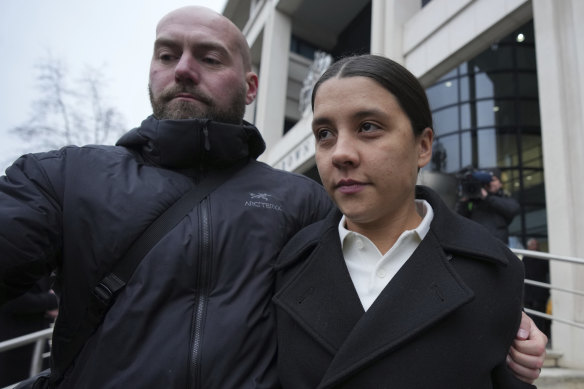 Sam Kerr leaves Kingston Crown Court after being found not guilty of racially aggravated harassment.