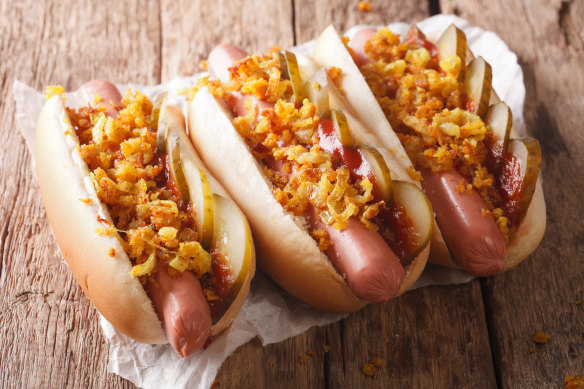 Danish hotdogs with crispy onions.