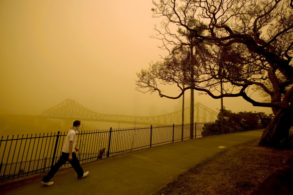 Climate change is expected to exacerbate the need for new water sources in south-east Queensland. Pictured is Brisbane in 2009 during severe dust storms.