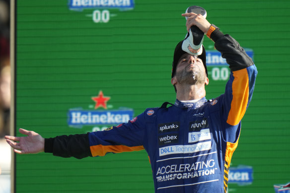 Ricciardo drinks  from his shoe after winning the Italian Grand Prix at Monza in September.