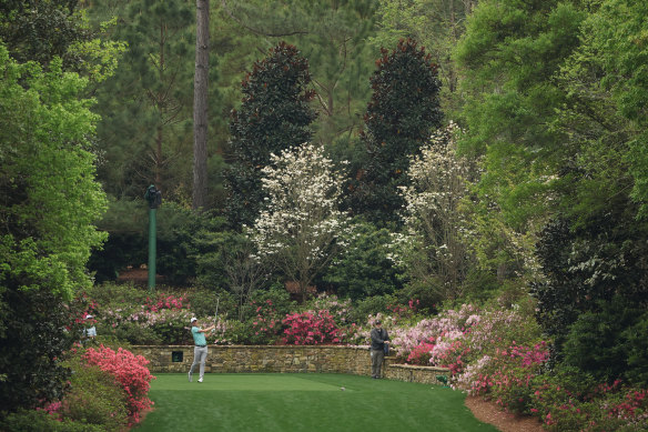 US golfer Justin Thomas on the new 13th tee at Augusta on a practice day.