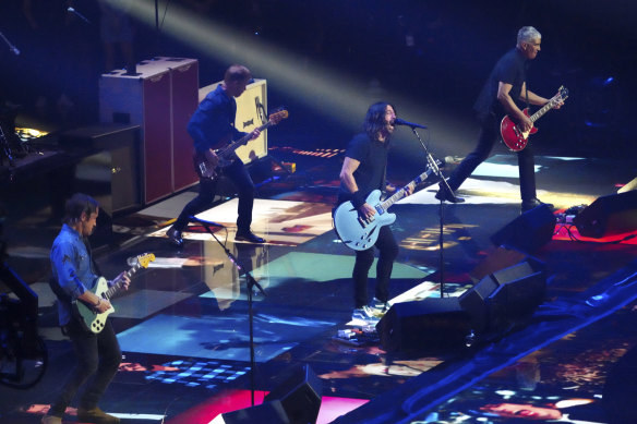 The Foo Fighters, from left, Chris Shiflett, Nate Mendel, Dave Grohl, and Pat Smear perform at the MTV Video Music Awards on September 12.