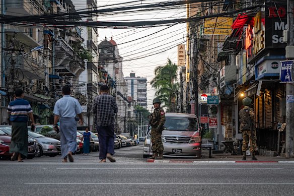 Military personnel on the streets in Yangon. 