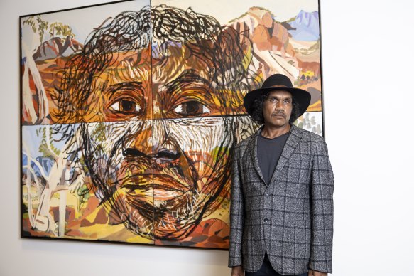 Vincent Namatjira’s style is radically different from his great-grandfather Albert’s, but often references his landscapes.