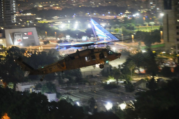 A helicopter carrying hostages released by Hamas lands at Schneider Children’s Medical Centre in Petah Tikva, Israel. 