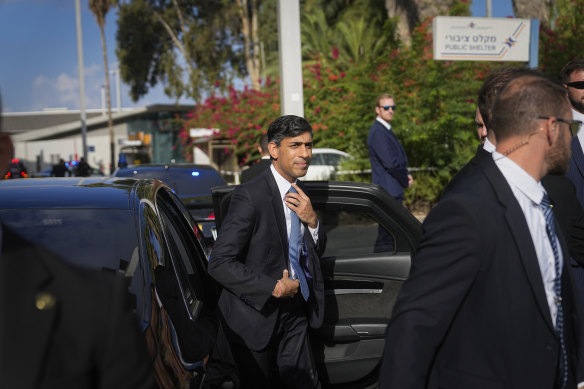 British Prime Minister Rishi Sunak arrives at Ben Gurion airport, near Tel Aviv, Israel, Thursday, October 19, 2023. 