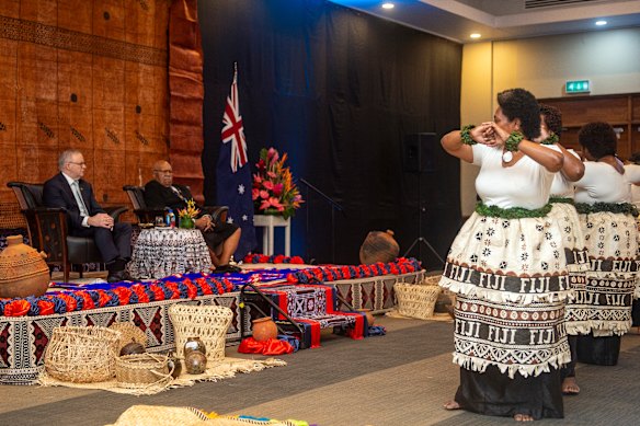 Australian Prime Minister Anthony Albanese attends a welcome ceremony alongside Fiji’s Prime Minister Sitiveni Rabuka.
