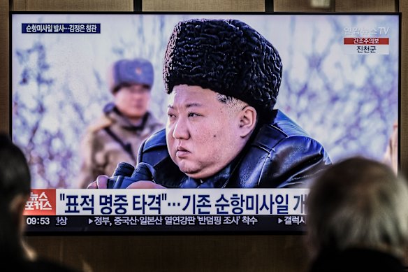 A TV news broadcast of North Korea’s leader Kim Jong-un watching a missile test launch drill in February.  