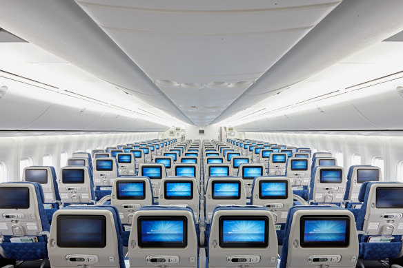 Korean Air economy class cabin is spacious.