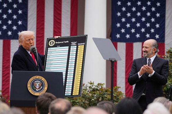 No joke: US President Donald Trump and US Commerce Secretary Howard Lutnick unveil tariff rates on US trading partners at the White House on Thursday.