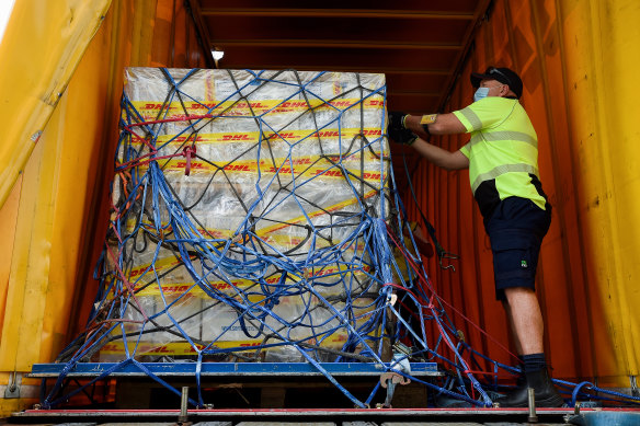 The first Australian shipment of Pfizer’s COVID-19 vaccine is loaded onto a truck after arriving in Sydney last week. Now the vaccine has arrived in Brisbane too. 