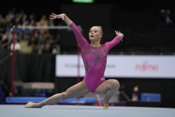 Angelina Melnikova, competing in the women’s apparatus finals of the FIG Artistic Gymnastics World Championships in Kitakyushu, western Japan, Sunday, October 24, 2021.