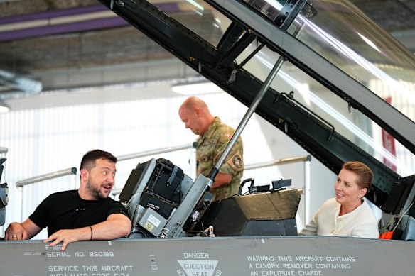 Mette Frederiksen joins Ukraine’s President Volodymyr Zelensky in an F-16 fighter cockpit at Skrydstrup Airbase in Denmark in 2023.