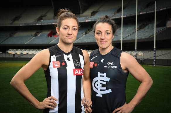 Collingwood’s Steph Chiocci and Carlton’s Kerryn Peterson.