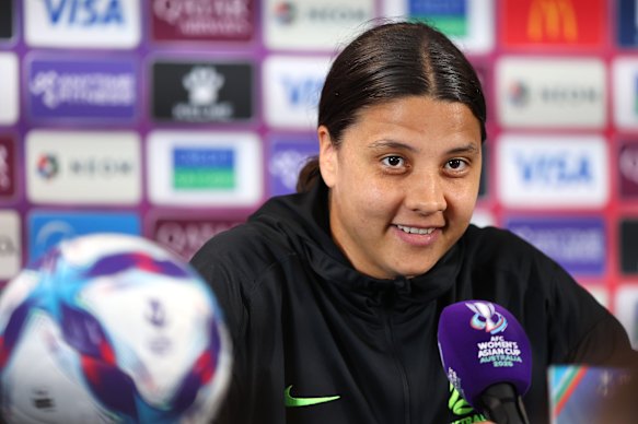 Sam Kerr speaks with media on Thursday ahead of Australia’s quarter-final against North Korea in Perth.